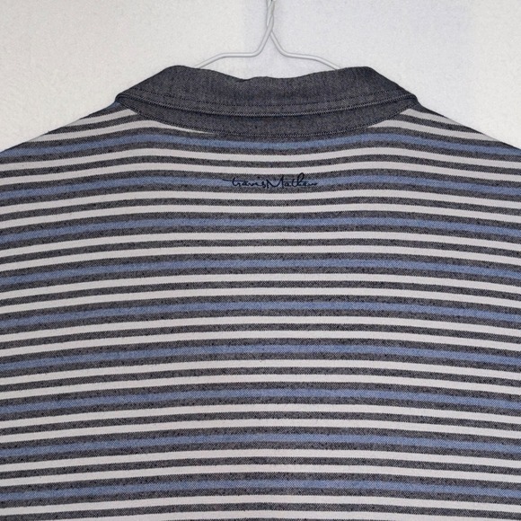 Travis Mathews Golf Polo Gray Blue Striped Men's Large Denim Collar Pima Cotton - Picture 6 of 6